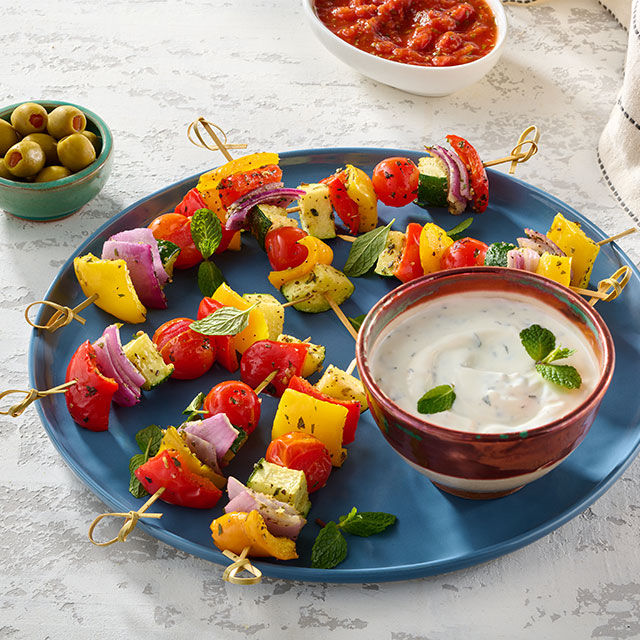 Grilled Vegetable Skewers with Minty Yogurt Dip See more