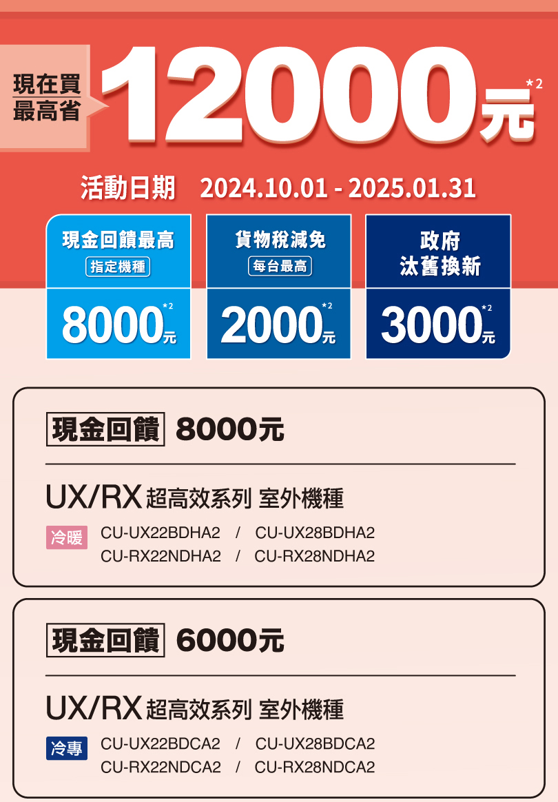 購買家用空調指定冷暖機種，最高省12000元！