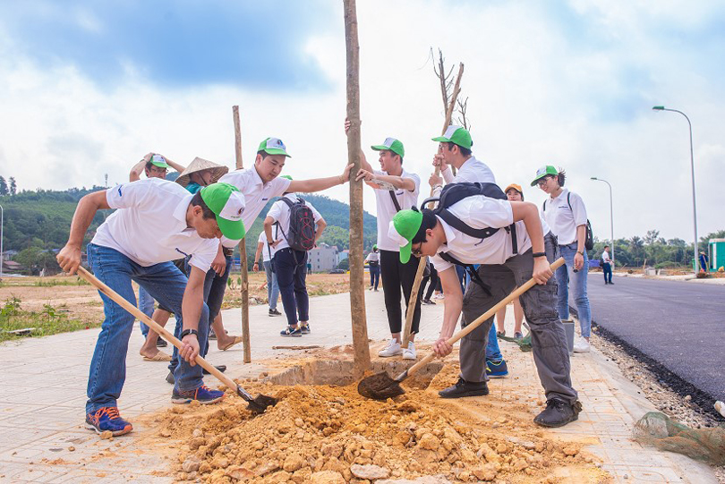 Panasonic Vietnam Group members planting nearly 300 golden-oaks for people in Dong Hy district