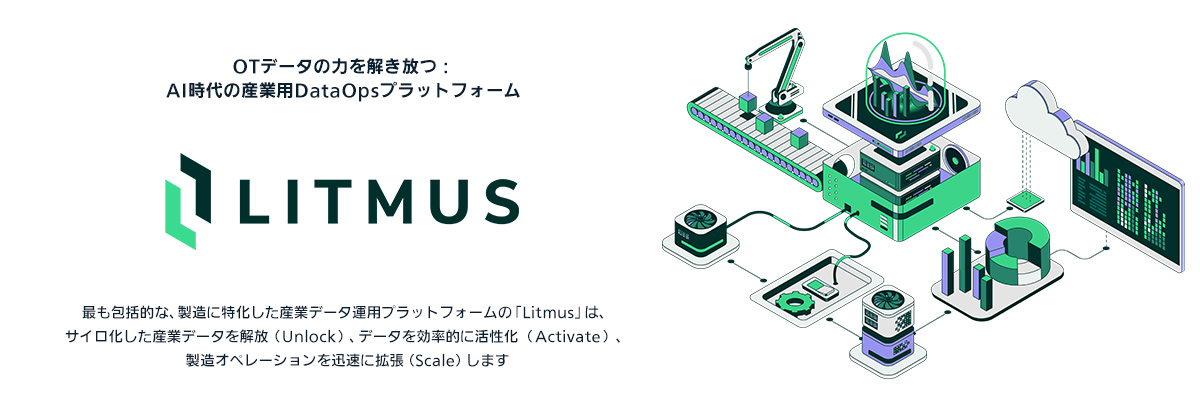 OTデータの力を解き放つ：AI時代の産業用DataOpsプラットフォーム「Litmus」 最も包括的な、製造に特化した産業データ運用プラットフォームのLitmusは、サイロ化した産業データを解放（Unlock）、データを効率的に活性化（Activate）、製造オペレーションを迅速に拡張（Scale）します