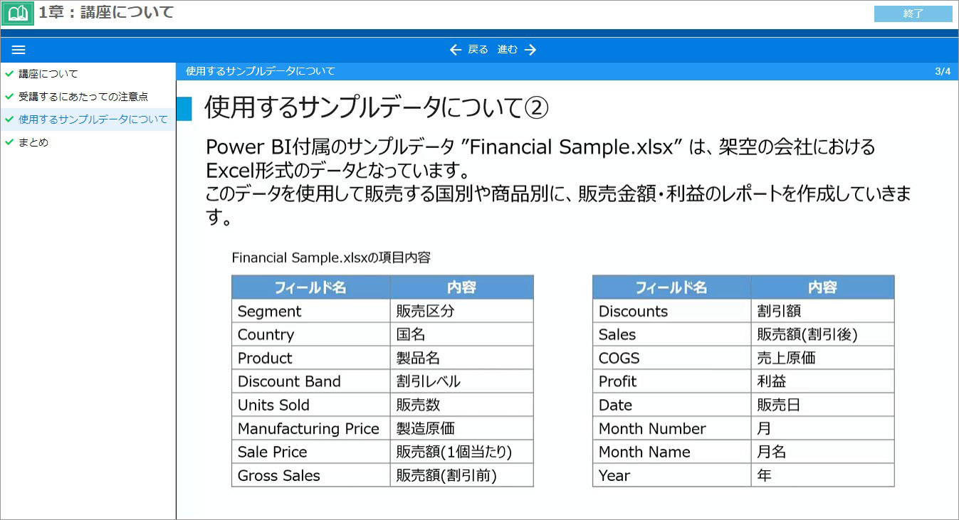 Power BI Desktop 基礎 eラーニング学習画面2