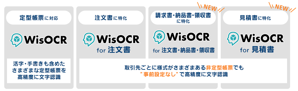 定型帳票に対応「WisOCR」／注文書に特化「WisOCR for 注文書」／請求書・納品書・領収書に特化「WisOCR for 請求書・納品書・領収書」／見積書に特化「WisOCR for 見積書」