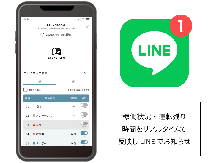 稼働状況・運転残り時間をリアルタイムで反映しLINEでお知らせ