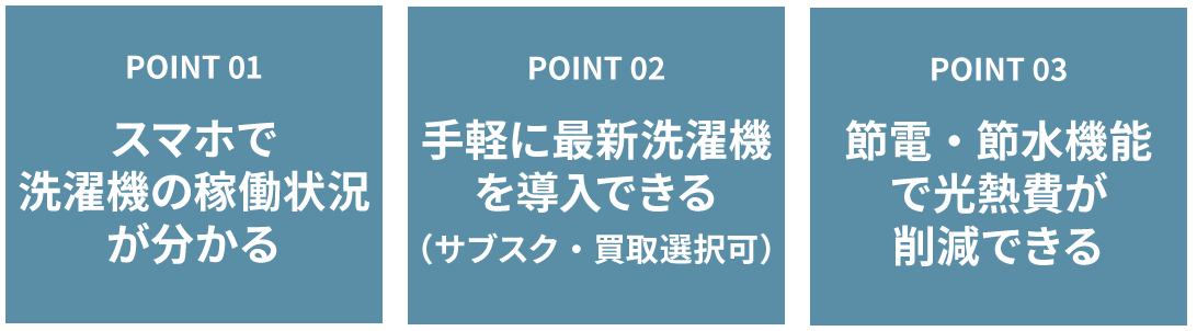 POINT 01　スマホで洗濯機の稼働状況が分かる　POINT 02　手軽に最新洗濯機を導入できる（サブスク・買取選択可）　POINT 03　節電・節水機能で光熱費が削減できる