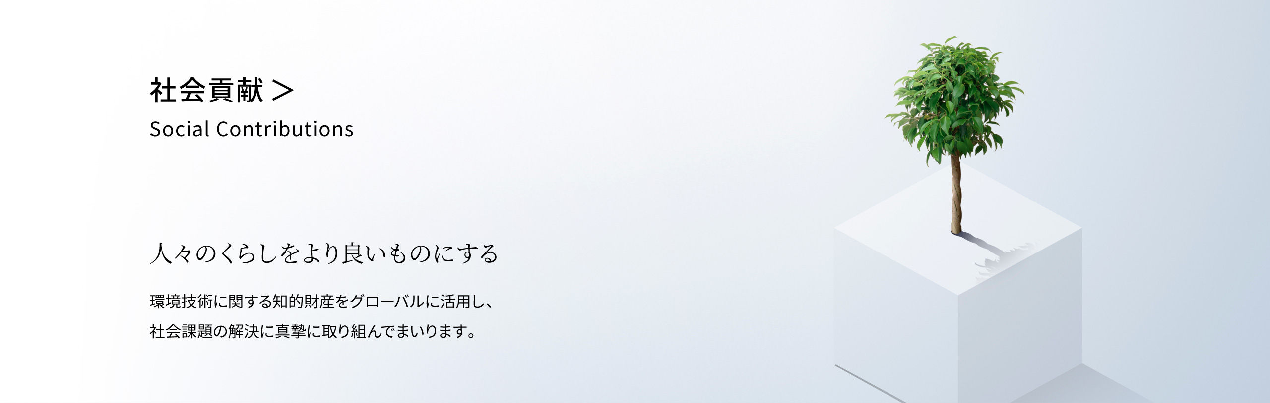 社会貢献　Social Contributions　人々のくらしをより良いものにする　環境技術に関する知的財産をグローバルに活用し、社会課題の解決に真摯に取り組んでまいります。