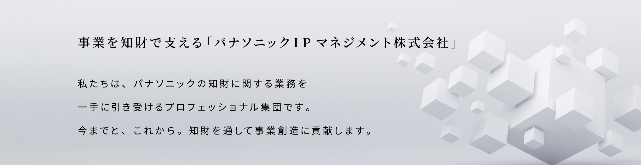 事業を知財で支える「パナソニックＩＰマネジメント株式会社」私たちは、パナソニックの知財に関する業務を一手に引き受けるプロフェッショナル集団です。今までと、これから。知財を通して事業創造に貢献します。