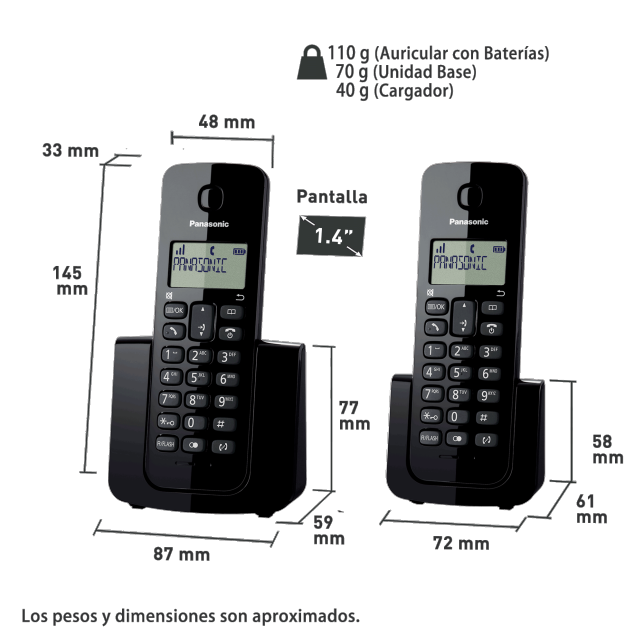 Teléfono Inalámbrico Duo Pansonic Kx-Tg1712meb Negro/ 2 Pzs